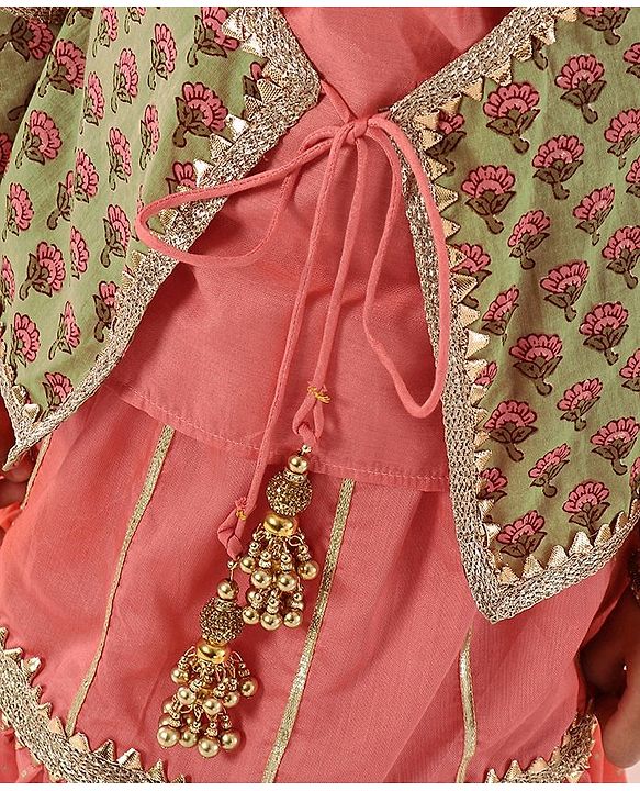 Babyhug Bell Sleeves Lehenga and Choli with Mock Ethnic Jacket Floral Print - Green Orange