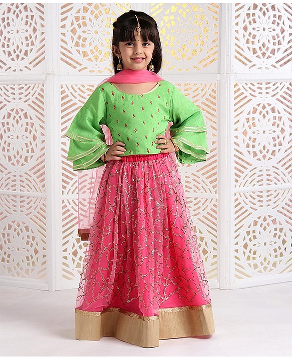 Babyhug Lehenga & 3/4 Sleeves Embroidered Choli Set With Dupatta - Green