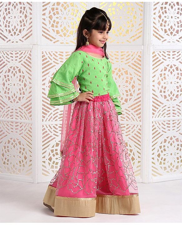 Babyhug Lehenga & 3/4 Sleeves Embroidered Choli Set With Dupatta - Green