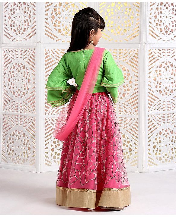 Babyhug Lehenga & 3/4 Sleeves Embroidered Choli Set With Dupatta - Green