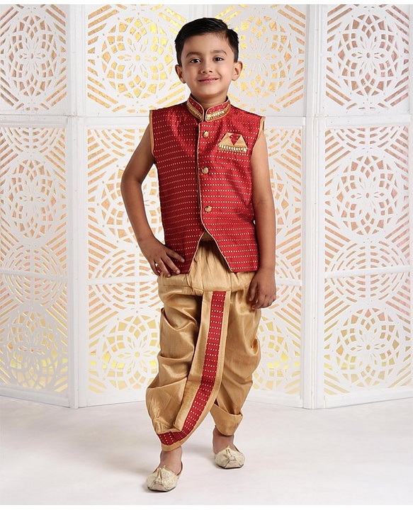 Babyhug Sleeveless Jacket & Dhoti Set Zari Work - Maroon Golden - 4-5Y Maroon