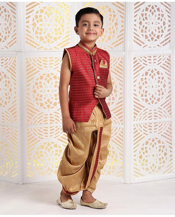 Babyhug Sleeveless Jacket & Dhoti Set Zari Work - Maroon Golden - 4-5Y Maroon