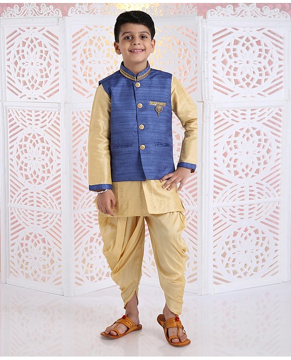 Babyhug Full Sleeves Kurta Pyjama And Dhoti With Jacket - Blue Golden
