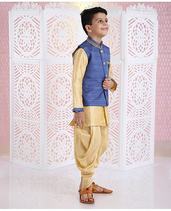 Babyhug Full Sleeves Kurta Pyjama And Dhoti With Jacket - Blue Golden