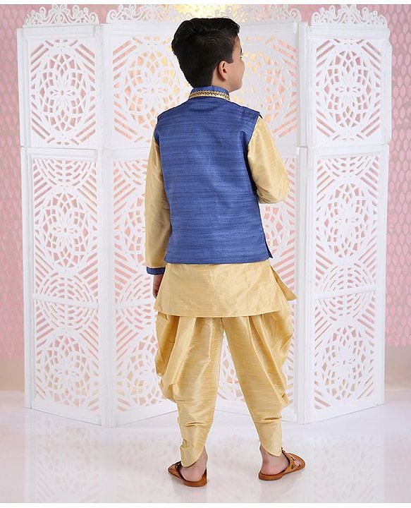 Babyhug Full Sleeves Kurta Pyjama And Dhoti With Jacket - Blue Golden