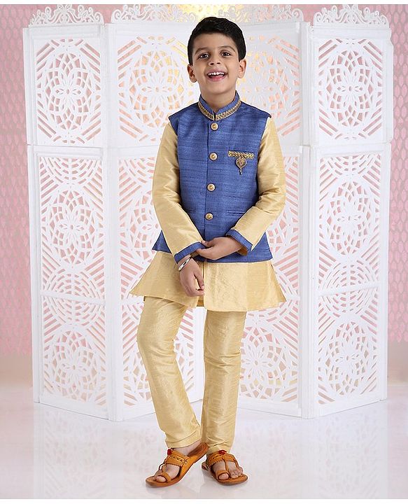 Babyhug Full Sleeves Kurta Pyjama And Dhoti With Jacket - Blue Golden