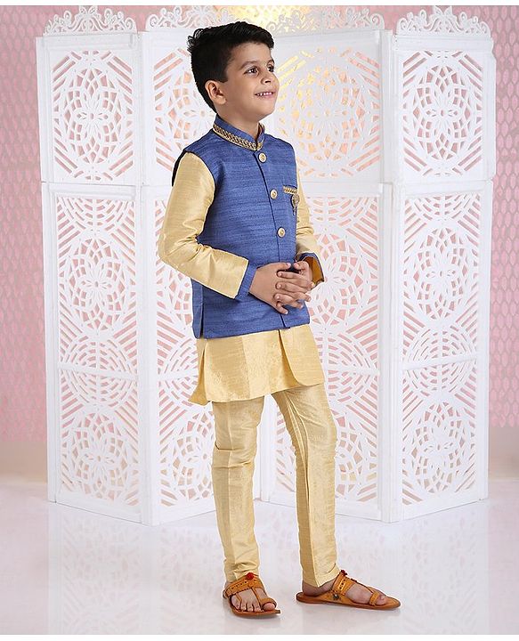 Babyhug Full Sleeves Kurta Pyjama And Dhoti With Jacket - Blue Golden