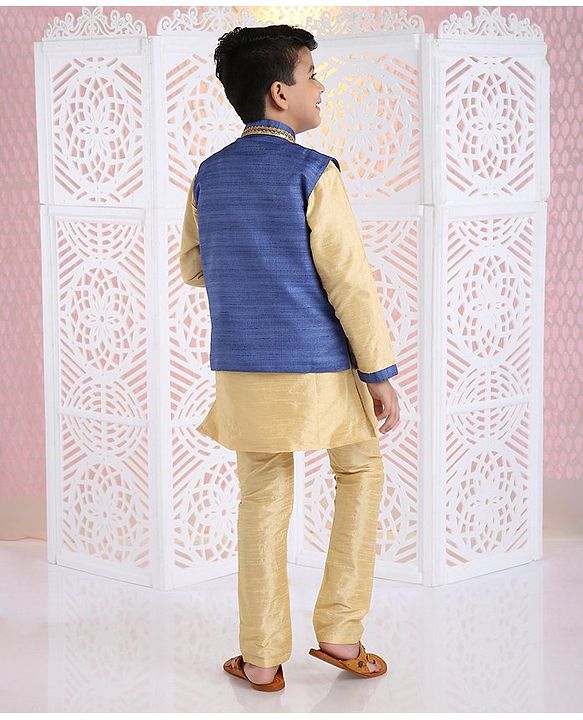Babyhug Full Sleeves Kurta Pyjama And Dhoti With Jacket - Blue Golden