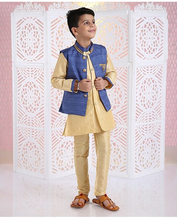 Babyhug Full Sleeves Kurta Pyjama And Dhoti With Jacket - Blue Golden