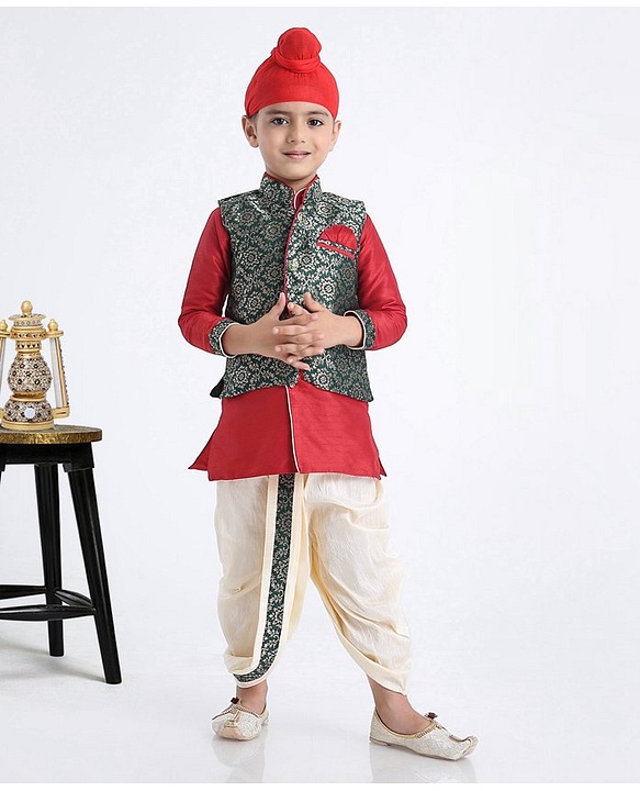 Babyhug Full Sleeves Kurta & Dhoti With Zardosi Jacket - Red
