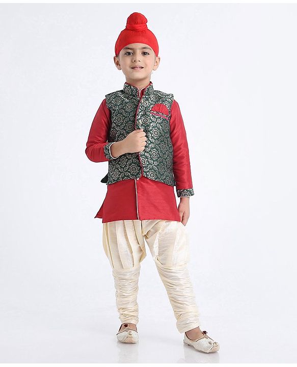 Babyhug Full Sleeves Kurta & Dhoti With Zardosi Jacket - Red