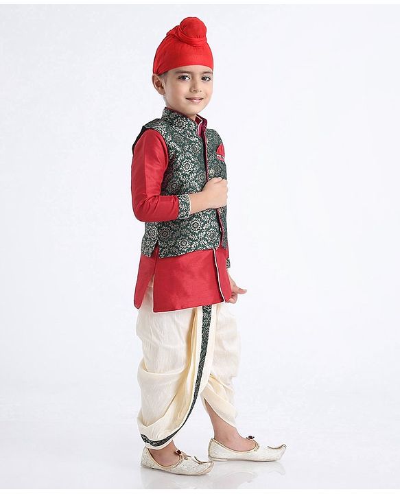 Babyhug Full Sleeves Kurta & Dhoti With Zardosi Jacket - Red