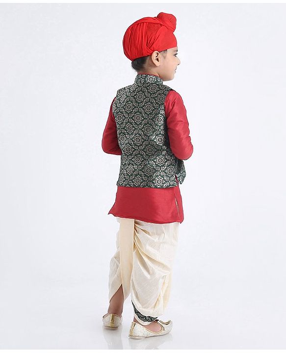 Babyhug Full Sleeves Kurta & Dhoti With Zardosi Jacket - Red