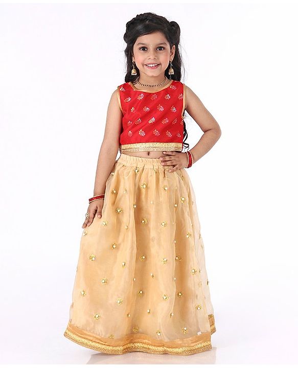 Babyhug Sleeveless Choli with Lehenga Floral Embroidery - Red Golden - 4-5Y Red