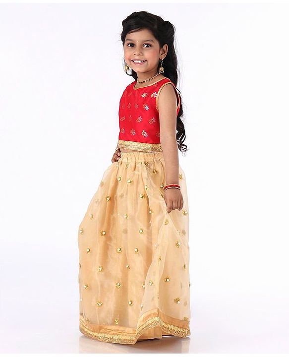 Babyhug Sleeveless Choli with Lehenga Floral Embroidery - Red Golden - 4-5Y Red