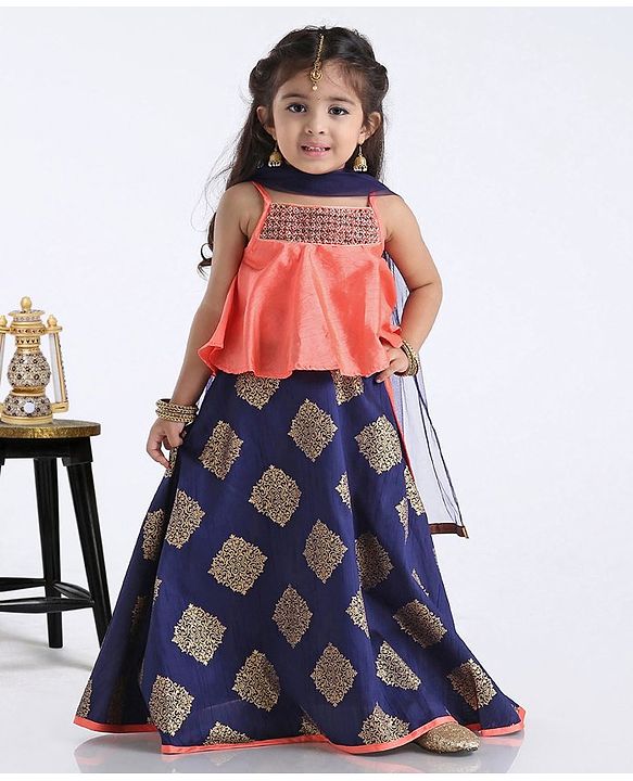 Babyhug Singlet Choli With Block Printed Lehenga Sequin Work - Navy Blue Pink