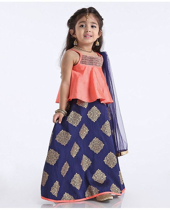 Babyhug Singlet Choli With Block Printed Lehenga Sequin Work - Navy Blue Pink