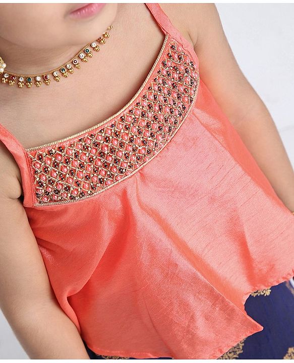 Babyhug Singlet Choli With Block Printed Lehenga Sequin Work - Navy Blue Pink