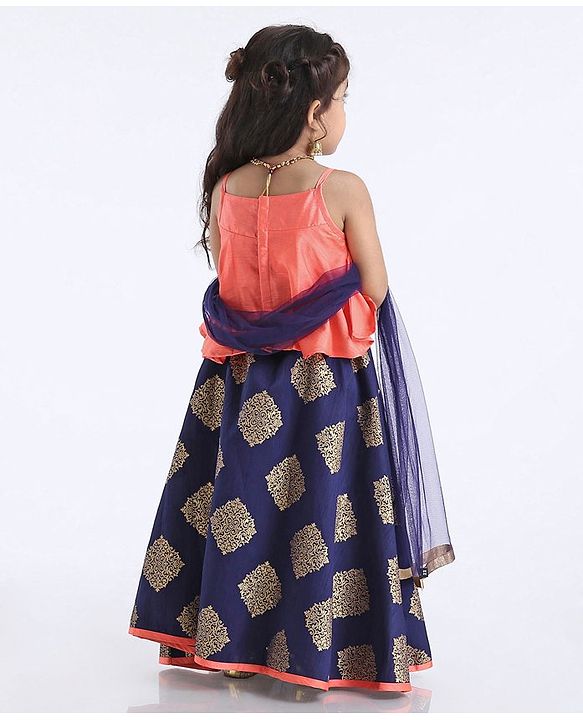 Babyhug Singlet Choli With Block Printed Lehenga Sequin Work - Navy Blue Pink