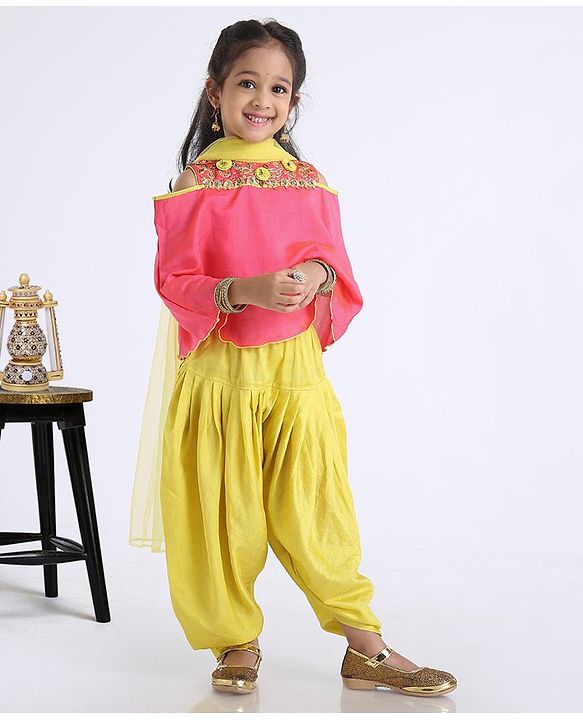 Babyhug Bell Sleeves Top And Salwaar With Dupatta Stone Embellished & Embroidered - Pink Yellow