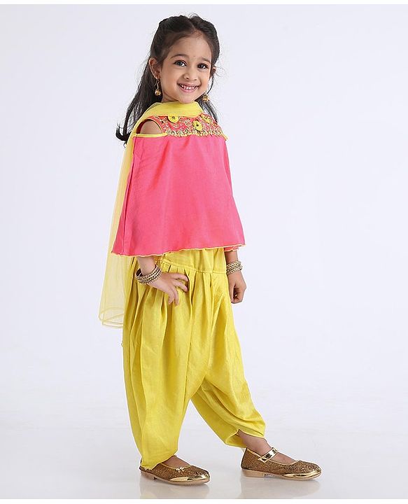 Babyhug Bell Sleeves Top And Salwaar With Dupatta Stone Embellished & Embroidered - Pink Yellow