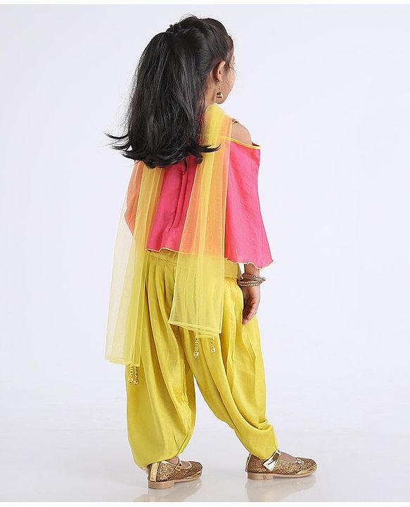 Babyhug Bell Sleeves Top And Salwaar With Dupatta Stone Embellished & Embroidered - Pink Yellow