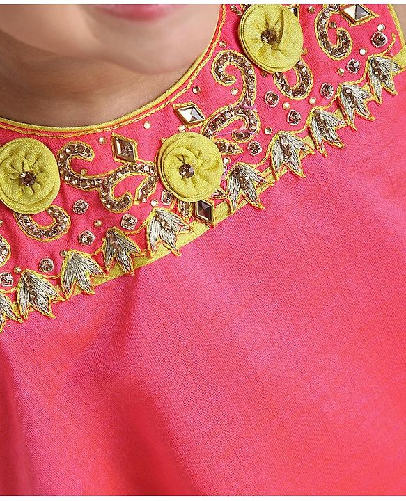 Babyhug Bell Sleeves Top And Salwaar With Dupatta Stone Embellished & Embroidered - Pink Yellow
