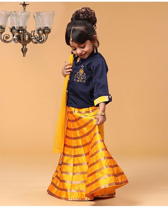 Babyhug Three Fourth Sleeves Choli With Striped Lehenga & Dupatta Embellished - Navy Yellow