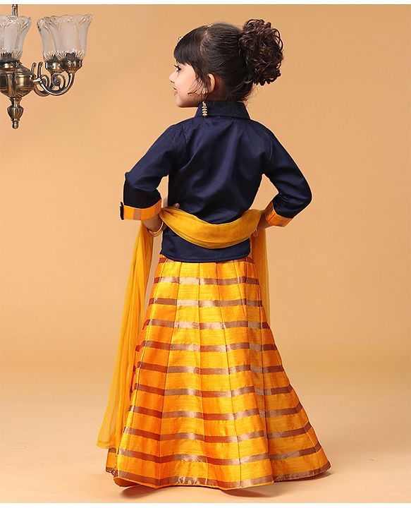 Babyhug Three Fourth Sleeves Choli With Striped Lehenga & Dupatta Embellished - Navy Yellow
