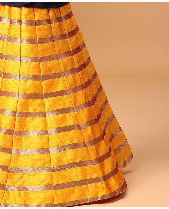 Babyhug Three Fourth Sleeves Choli With Striped Lehenga & Dupatta Embellished - Navy Yellow