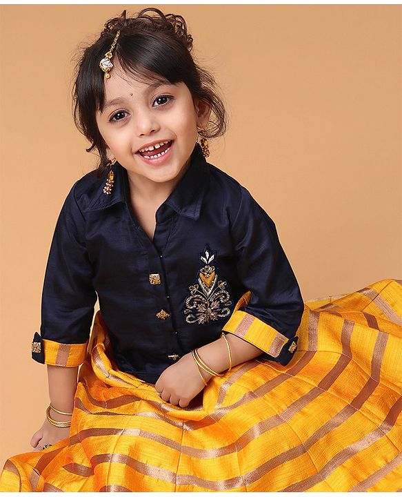 Babyhug Three Fourth Sleeves Choli With Striped Lehenga & Dupatta Embellished - Navy Yellow