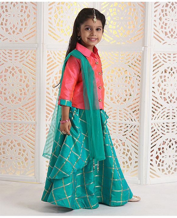 Babyhug Three Fourth Sleeves Choli With Lehenga & Dupatta Zardosi Design - Orange