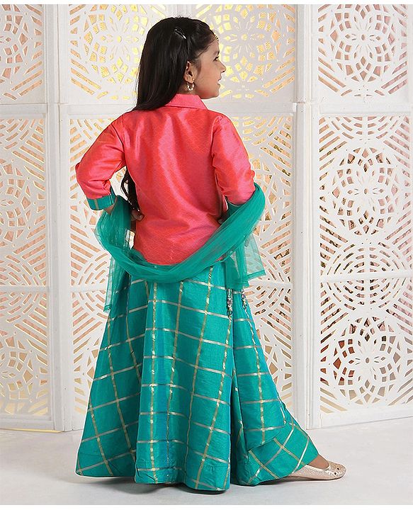 Babyhug Three Fourth Sleeves Choli With Lehenga & Dupatta Zardosi Design - Orange