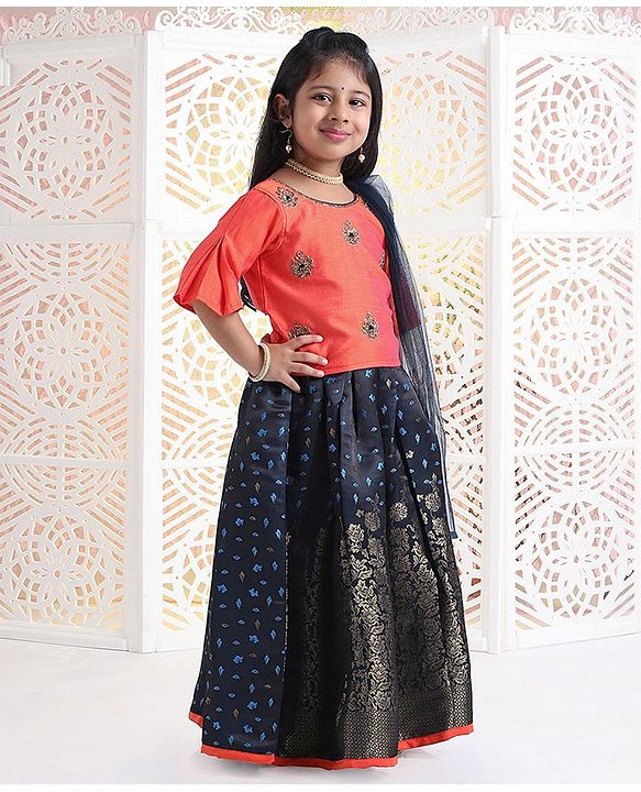 Babyhug Bell Sleeves Choli And Lehenga With Dupatta Zardosi Work - Coral Blue