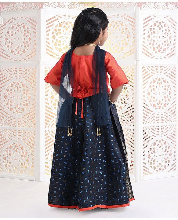 Babyhug Bell Sleeves Choli And Lehenga With Dupatta Zardosi Work - Coral Blue