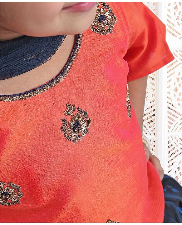 Babyhug Bell Sleeves Choli And Lehenga With Dupatta Zardosi Work - Coral Blue