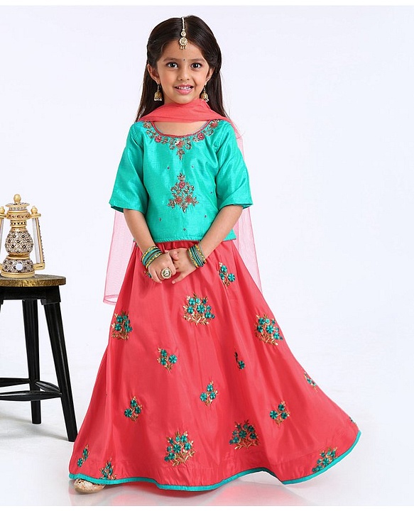 Babyhug Half Sleeves Choli And Lehenga With Dupatta - Green Orange
