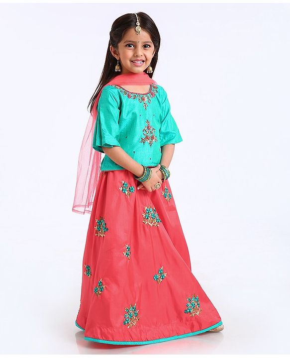 Babyhug Half Sleeves Choli And Lehenga With Dupatta - Green Orange