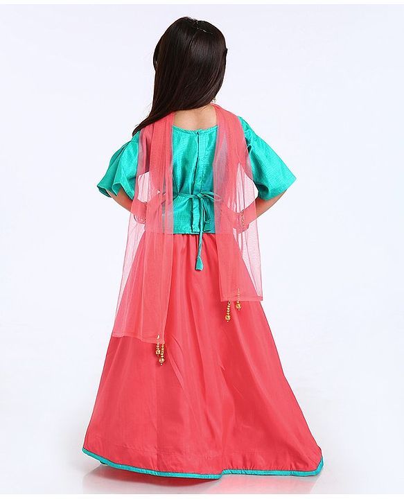 Babyhug Half Sleeves Choli And Lehenga With Dupatta - Green Orange