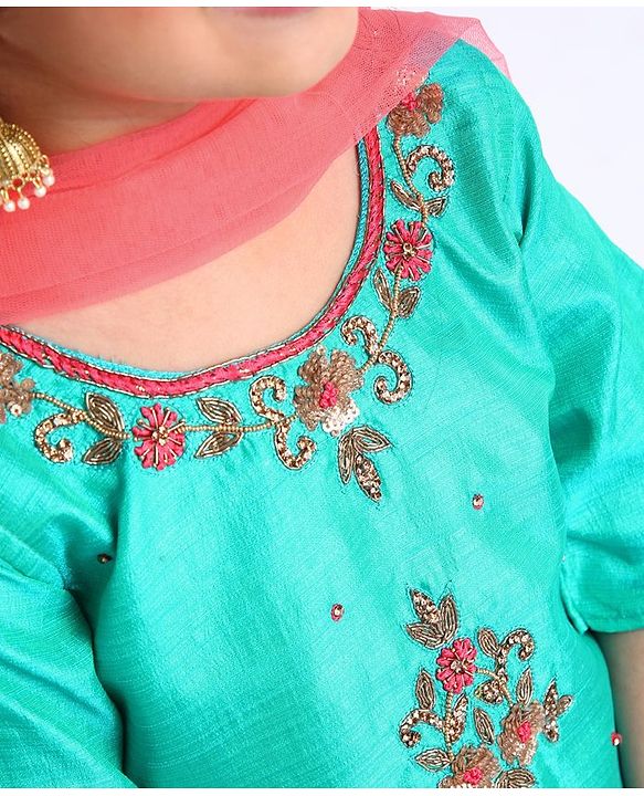 Babyhug Half Sleeves Choli And Lehenga With Dupatta - Green Orange