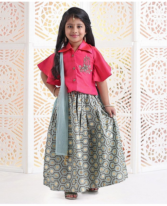 Babyhug Angel Sleeves Jardosi Work Choli With Lehenga & Dupatta Abstract Print - Pink Grey