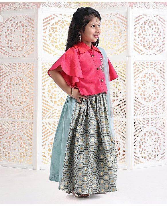 Babyhug Angel Sleeves Jardosi Work Choli With Lehenga & Dupatta Abstract Print - Pink Grey