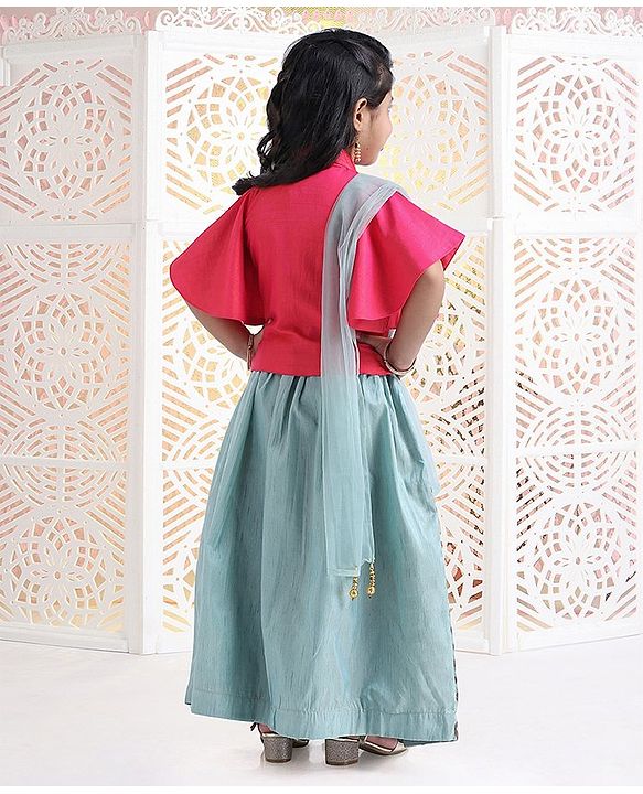 Babyhug Angel Sleeves Jardosi Work Choli With Lehenga & Dupatta Abstract Print - Pink Grey