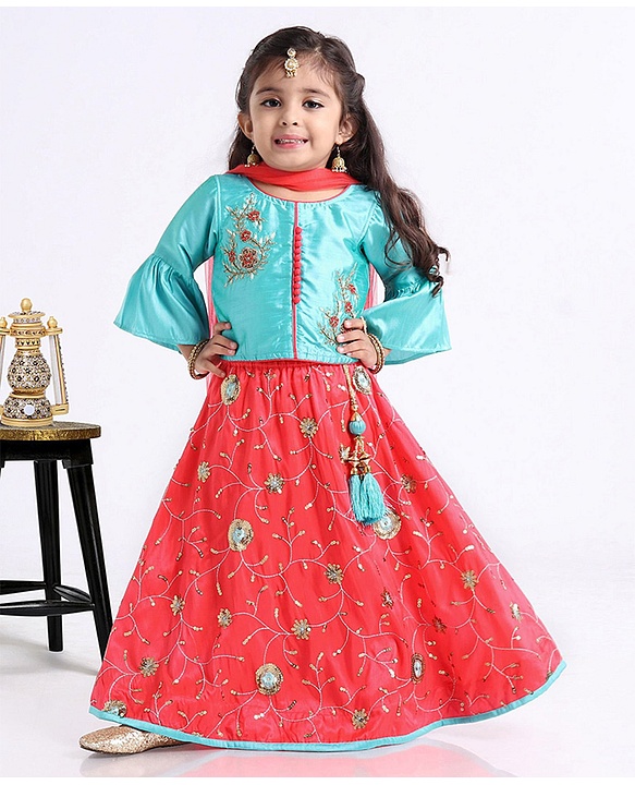 Babyhug Bell Sleeves Choli And Lehenga With Dupatta - Blue Pink