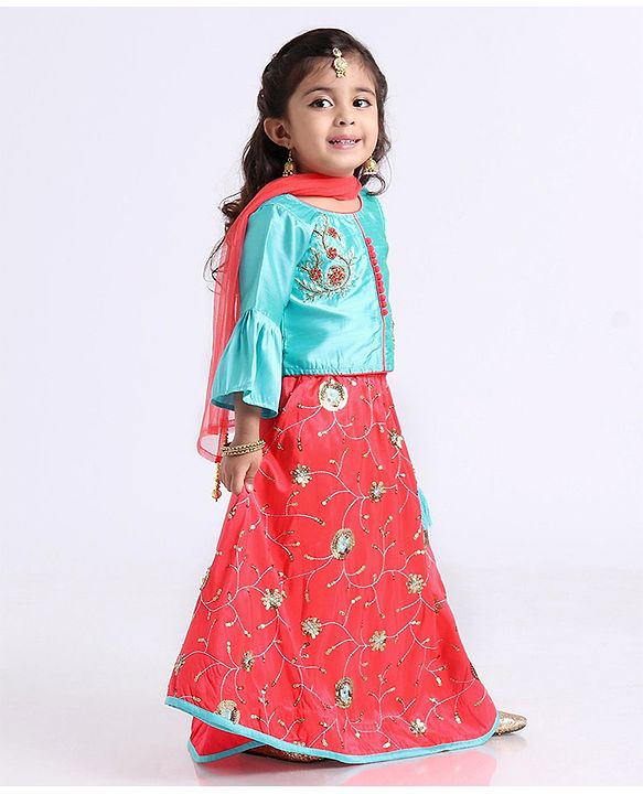 Babyhug Bell Sleeves Choli And Lehenga With Dupatta - Blue Pink