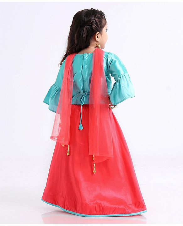 Babyhug Bell Sleeves Choli And Lehenga With Dupatta - Blue Pink
