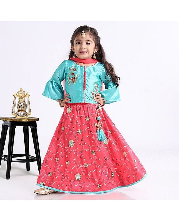 Babyhug Bell Sleeves Choli And Lehenga With Dupatta - Blue Pink