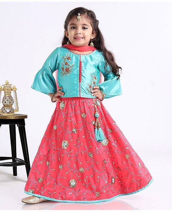 Babyhug Bell Sleeves Choli And Lehenga With Dupatta - Blue Pink