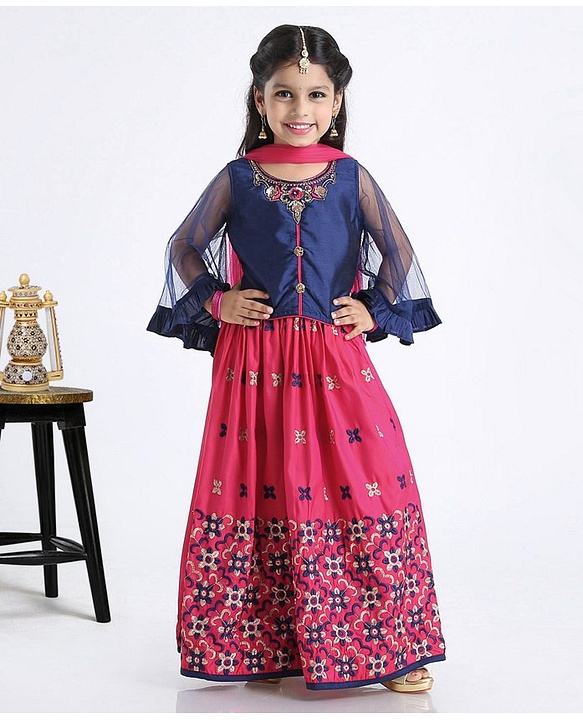 Babyhug Full Sleeves Floral Embroidered Lehenga Set - Navy Blue Pink