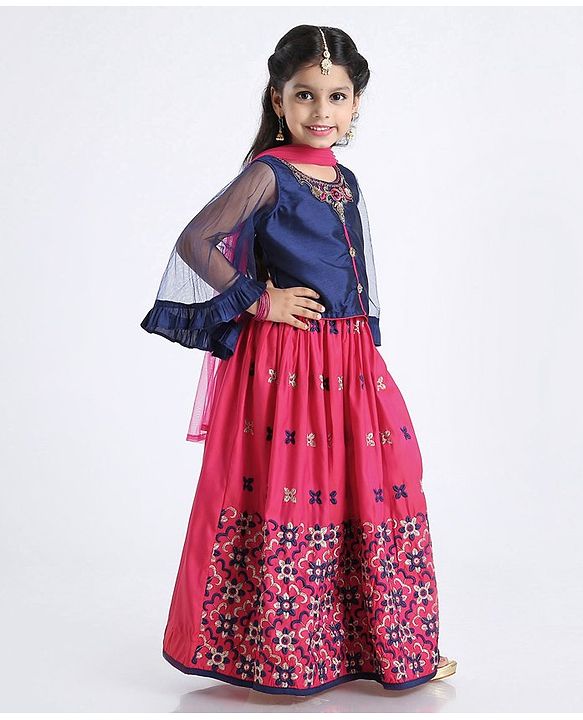Babyhug Full Sleeves Floral Embroidered Lehenga Set - Navy Blue Pink